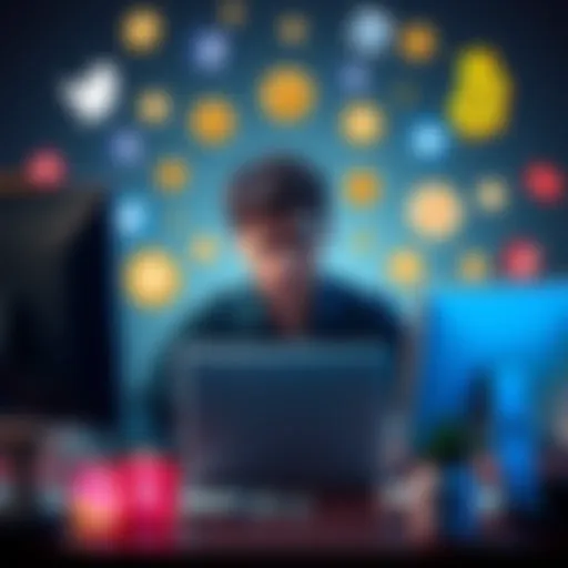 A person sitting at a computer with a frustrated expression, asking for help to share Bitcoin news, surrounded by social media icons