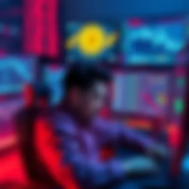A person sitting at a computer looking stressed and confused, surrounded by screens showing blockchain data and a wallet interface.