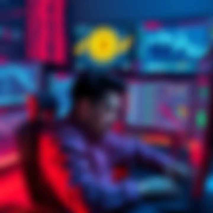 A person sitting at a computer looking stressed and confused, surrounded by screens showing blockchain data and a wallet interface.