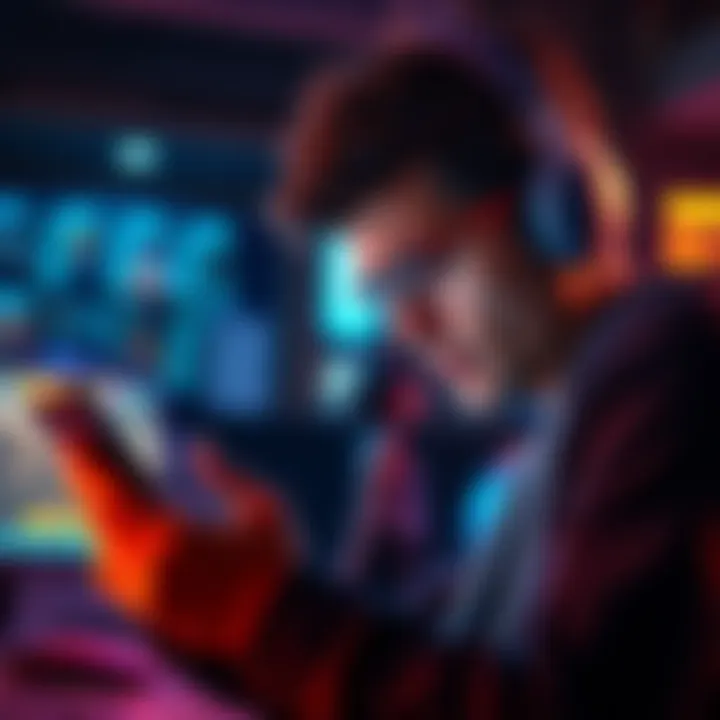 A frustrated person looking at a gaming app on their phone, showing issues accessing surveys