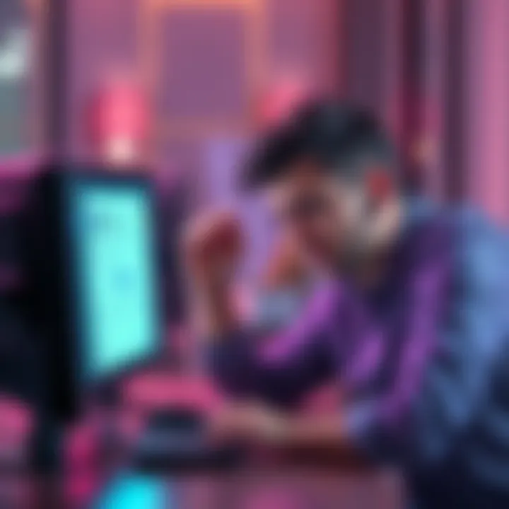 A user frustrated while trying to open a savings account on a computer, showing a support case ticket on the screen.