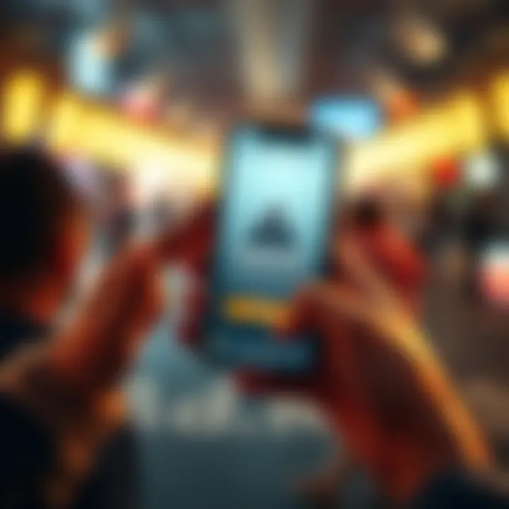 A user holding a smartphone showing the Jumptask app with a warning symbol