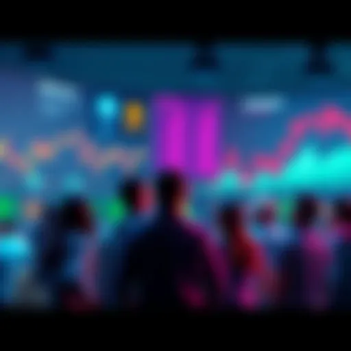 A group of people discussing crypto exchanges like Binance and Coinbase, with charts and graphs in the background