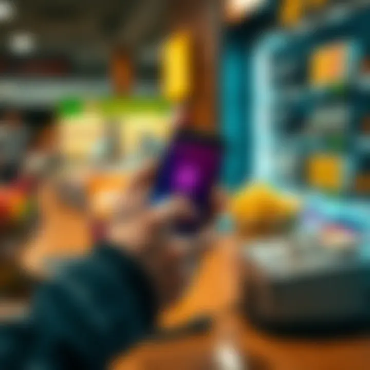 A person making a purchase with a smartphone displaying a cryptocurrency wallet, alongside a debit card and cash on a store counter.