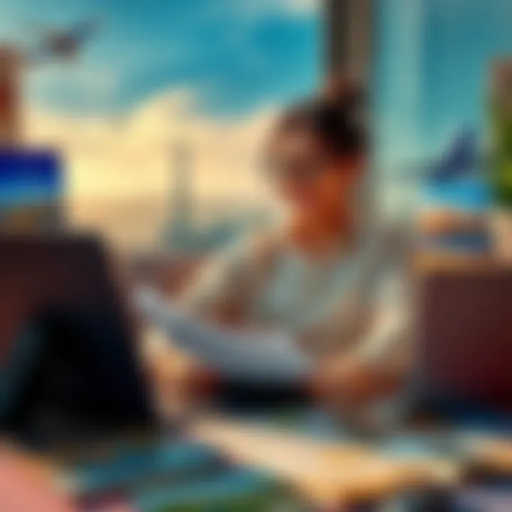 Using Rewards Points A person happily planning a trip using travel rewards points, surrounded by travel materials and a laptop, with images of planes and destinations in the background.