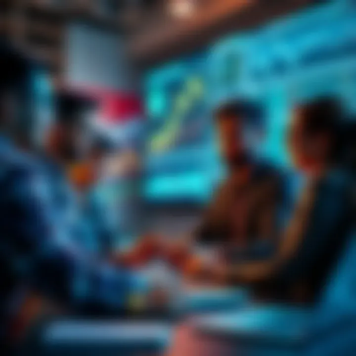 A team of diverse blockchain developers collaborating to create a utility token, with charts and graphs showing market strategies on a screen in the background.