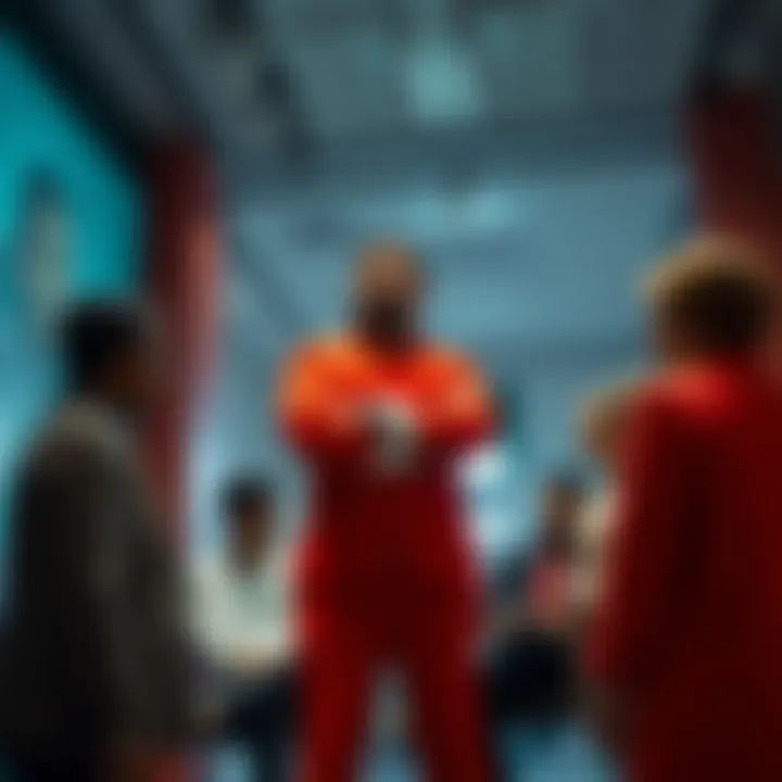 A figure named Uzi wearing a vibrant red outfit, standing confidently with a thoughtful expression, surrounded by a team discussing ideas.