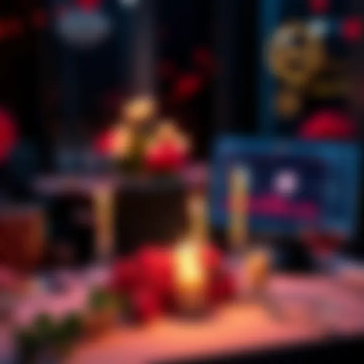 A romantic dinner setting with candles and roses next to a computer showing cryptocurrency graphics, illustrating the contrast between traditional and crypto-themed Valentine's dates.