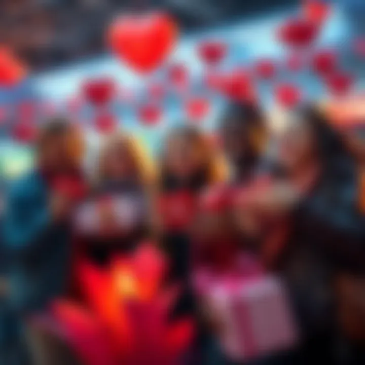 A group of people selling crypto assets while holding Valentine's Day gifts, showing a mix of excitement and concern about the market.