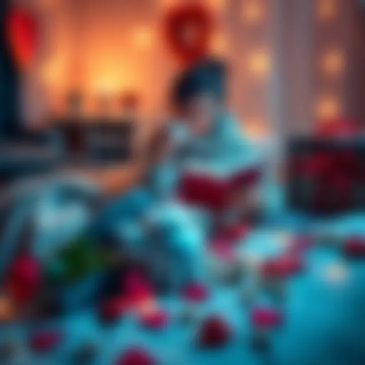 A person enjoying Valentine's Day alone with a book and a cup of coffee, surrounded by cozy decorations