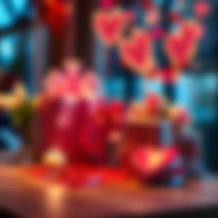 Valentine's Day gifts on a table Colorful Valentine's Day gifts wrapped in love, including a heart-shaped box and flowers on a table