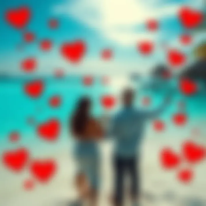 Valentine's Day Trading Rewards A couple celebrating Valentine's Day on a tropical beach in the Maldives, surrounded by hearts and trading charts, symbolizing the opportunity to win a getaway through spot trading.