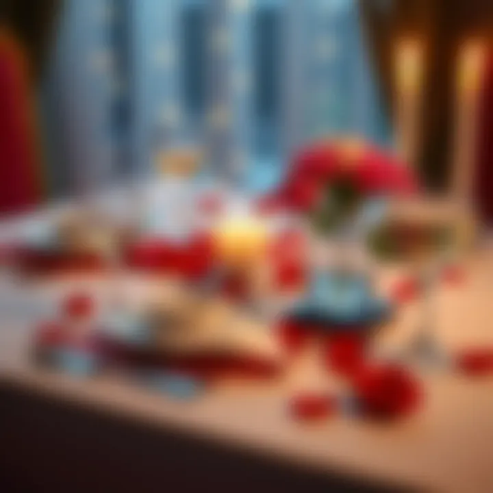 A romantic table setting for one, featuring a candle, rose petals, and elegant dinnerware, perfect for Valentine's Day