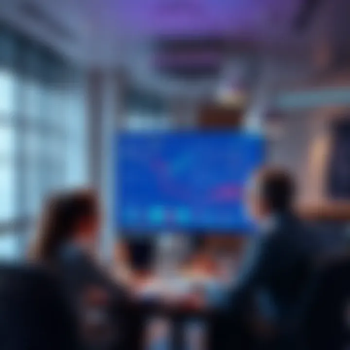 A financial advisor discussing cryptocurrency ETFs with clients in a modern office setting, showing charts and graphs on a screen.