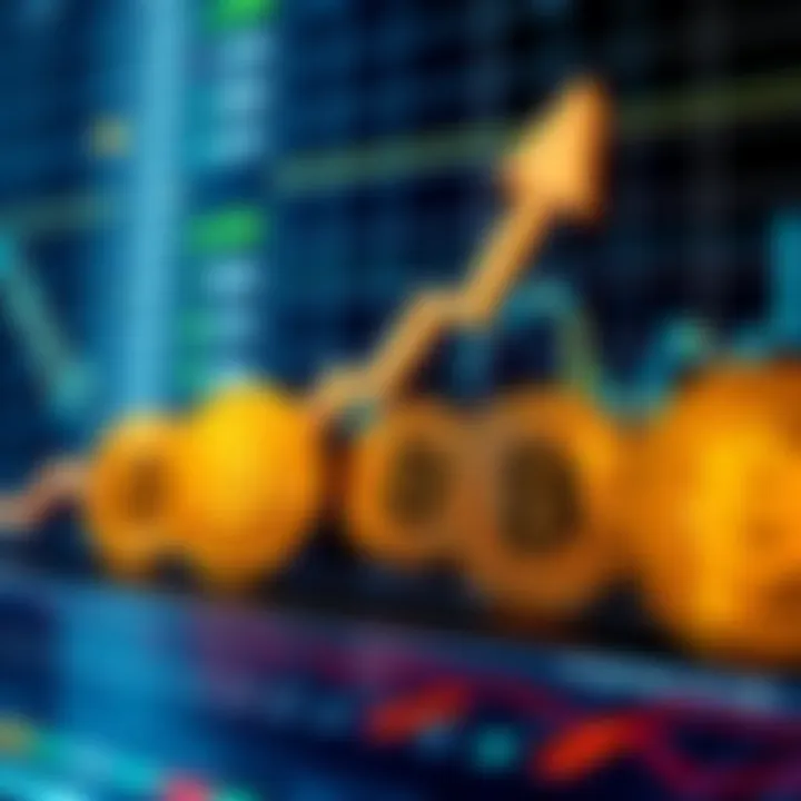 A graphic showing a stock chart with an arrow pointing upward alongside Bitcoin symbols, representing Vanguard's $195 million investment in MicroStrategy amid Bitcoin ETF discussions.