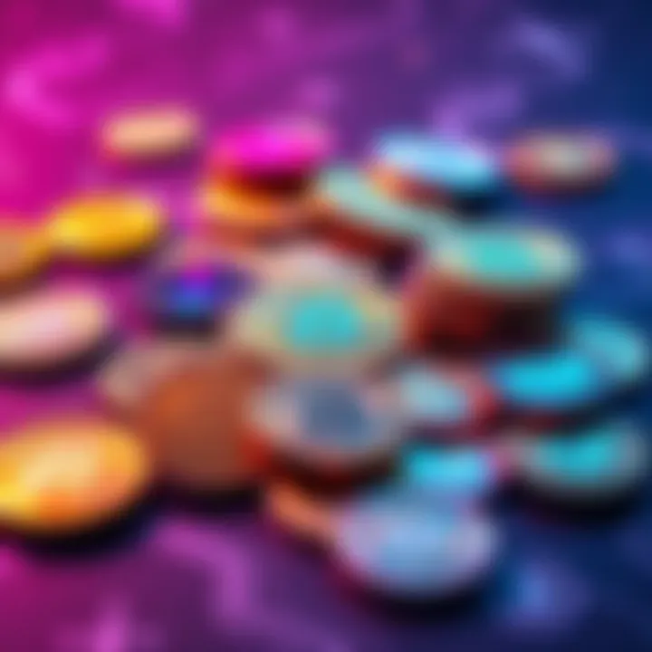 A colorful array of digital coins representing different privacy cryptocurrencies laid out on a table, symbolizing diversification in crypto investments.