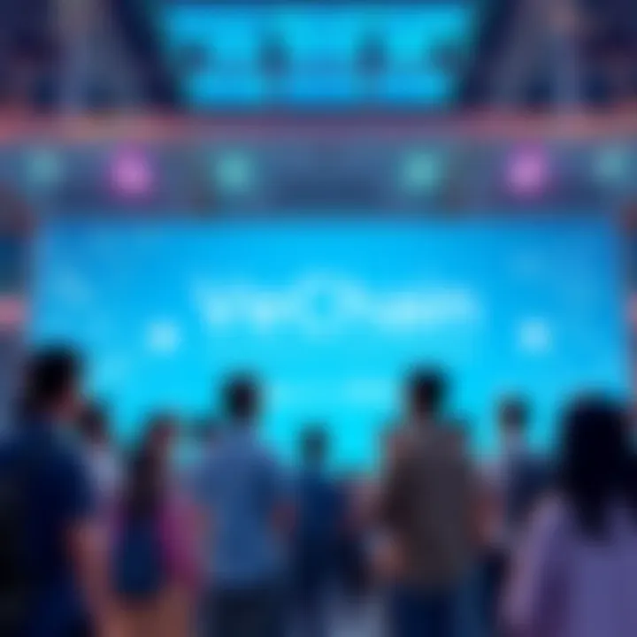 VeChain Community Updates A group of people discussing VeChain upgrades, partnerships, and sustainability in front of a large banner promoting blockchain awareness.