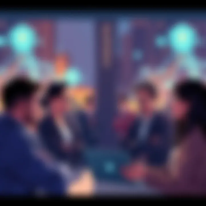 VeChain Discussion Illustration A group of people engaged in conversation about VeChain developments in a digital setting, with blockchain graphics in the background.