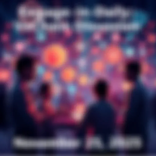 People engaging in a discussion about VeChain developments with a digital backdrop of blockchain and technology icons