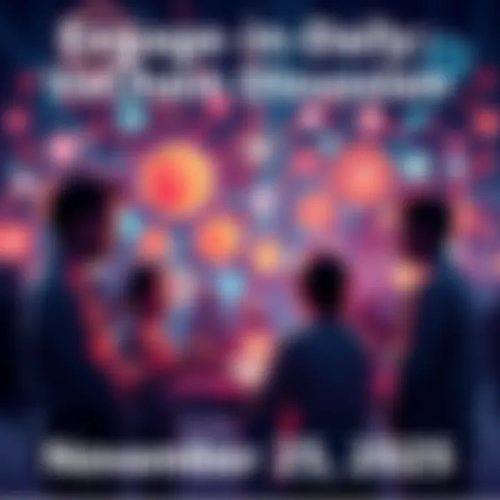 People engaging in a discussion about VeChain developments with a digital backdrop of blockchain and technology icons