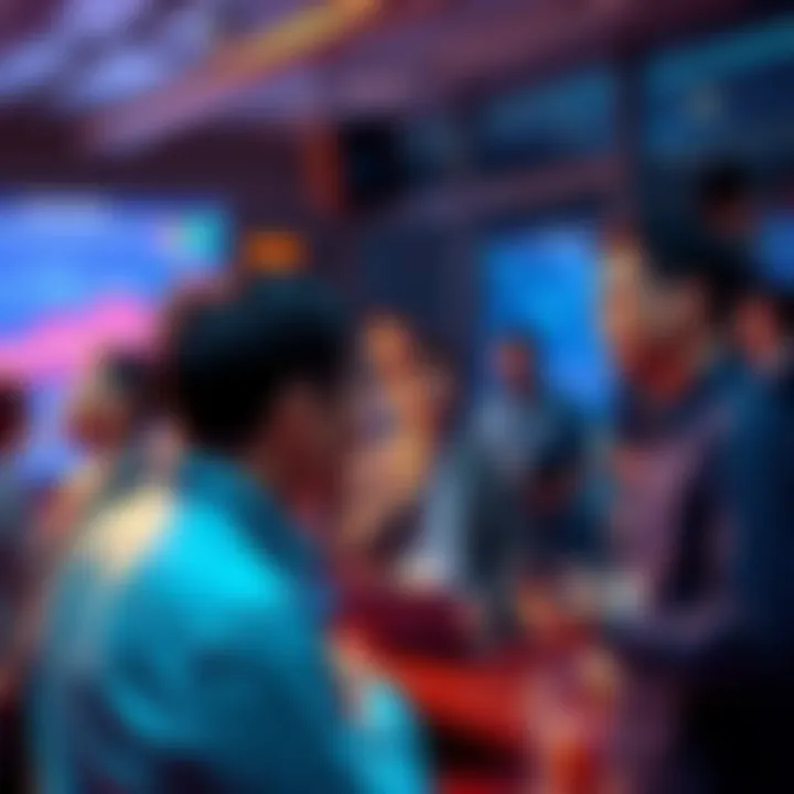 People engaging in a discussion about VeChain updates and developments, with charts and devices in the background