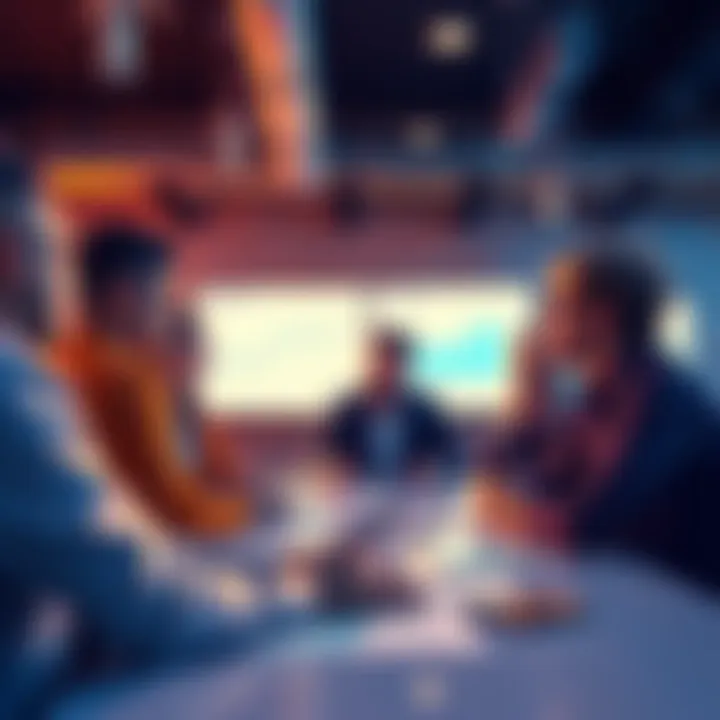 A group of people discussing VeChain updates with charts and notes in a collaborative setting