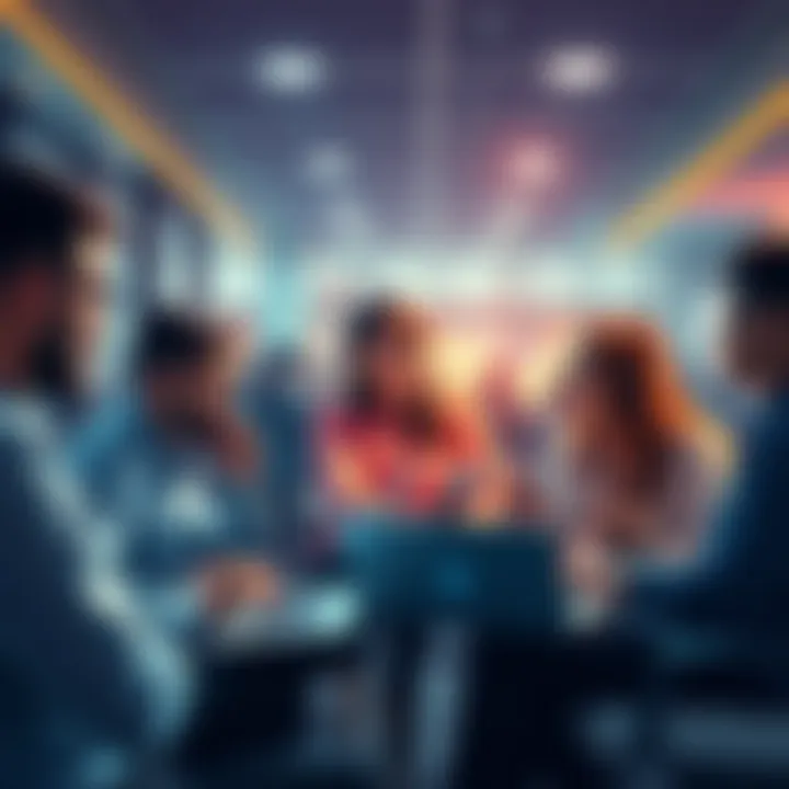 People engaging in discussion about VeChain updates with laptops and smartphones