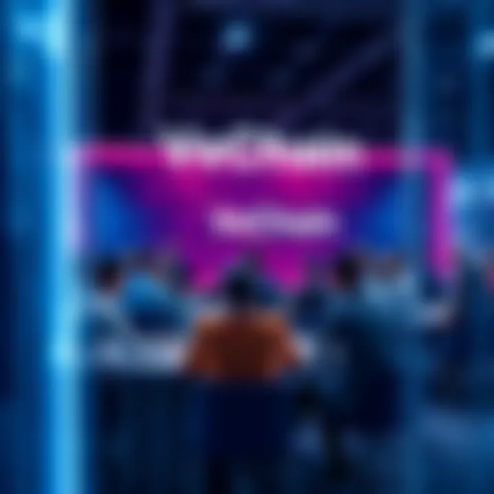 A group of people engaged in a discussion about VeChain technologies and updates in a conference setting.