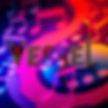 A close-up of the band Vessel's logo, featuring bold letters with a heart symbol integrated into the design, set against a colorful background of music notes.