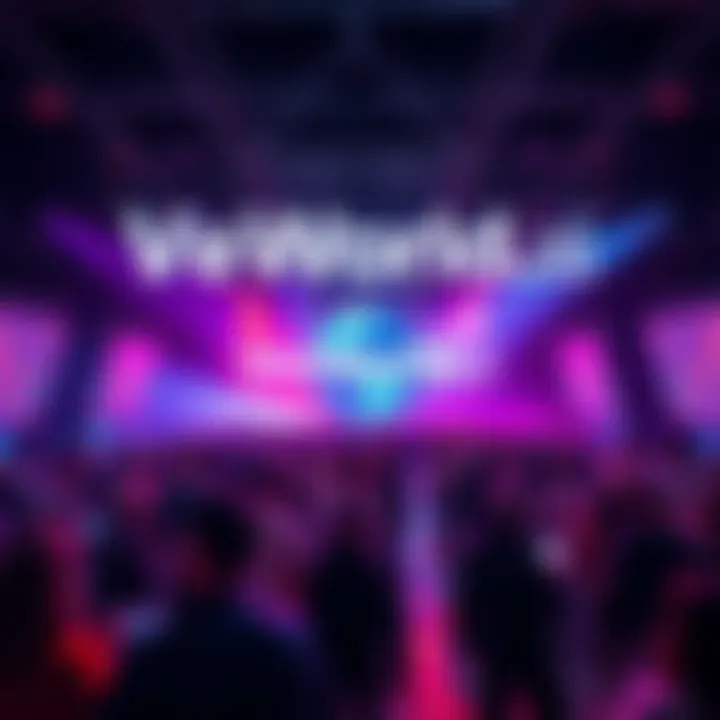 A vibrant launch event showcasing VeWorld.ai with a crowd interacting with technology and applications in the VeChain ecosystem.