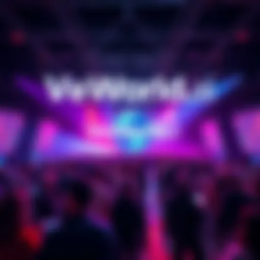 VeWorld.ai Launch Event A vibrant launch event showcasing VeWorld.ai with a crowd interacting with technology and applications in the VeChain ecosystem.