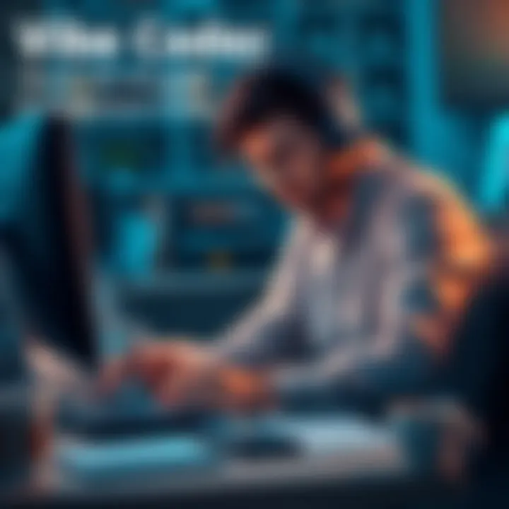 A vibe coder sitting at a desk, focused on coding on a laptop, with notes and a coffee cup nearby, showcasing determination amid challenges.