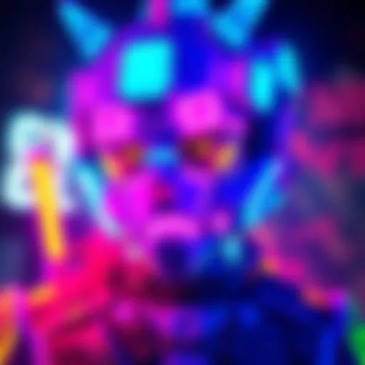 A colorful, glowing character inspired by cyberpunk art, featuring bright neon hues and a futuristic design.