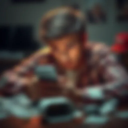 A distressed person looking at their phone with a worried expression, symbolizing loss from a cryptoscam. They are surrounded by paper bills scattered on a table.