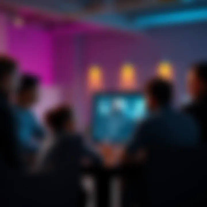 A group of filmmakers and creators discussing ideas for a new video streaming platform powered by IPFS, with a laptop showing video metadata in the background.