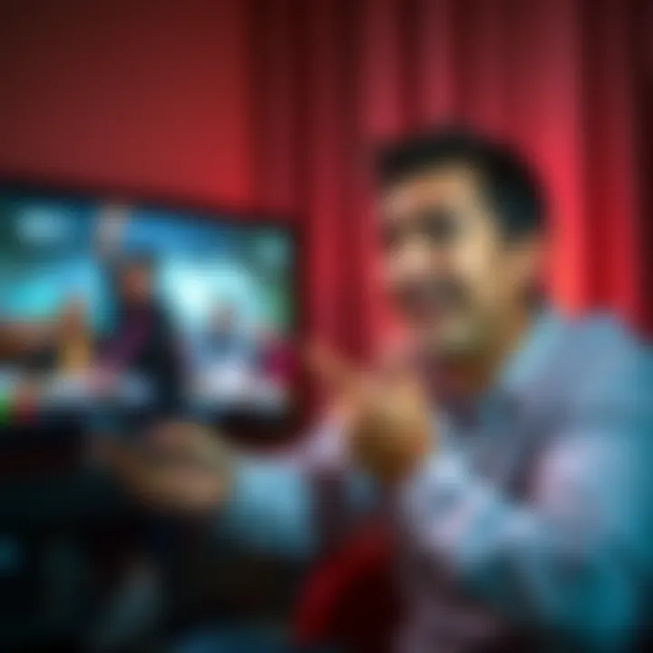 Viewer frustrated by long ads A viewer shows frustration while watching a long advertisement on TV, holding a remote control with a displeased expression.