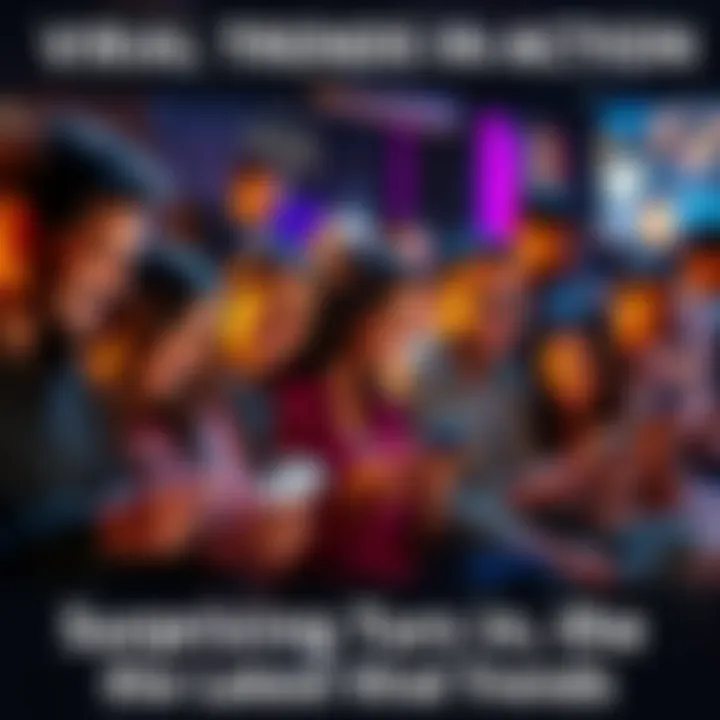 A group of diverse people engaging with their devices, sharing content and laughing, showcasing the excitement of current viral trends.