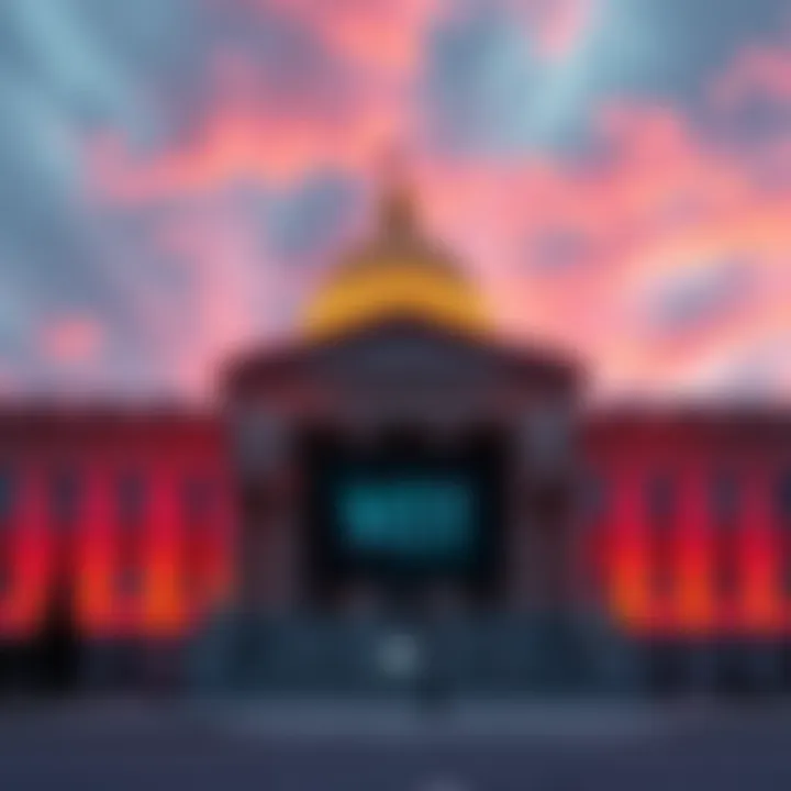 Virginia Senate building with a 'No' vote sign regarding cryptocurrency reserve bill, illustrating political decision-making on digital currencies.