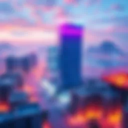 A digital representation of a cityscape in the metaverse, showcasing virtual buildings and properties for sale.