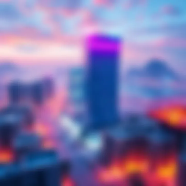 Virtual Real Estate in the Metaverse A digital representation of a cityscape in the metaverse, showcasing virtual buildings and properties for sale.