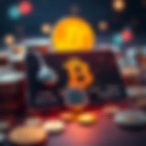 A digital illustration of a virtual debit card with cryptocurrency symbols surrounding it, showing the concept of making online purchases with privacy.