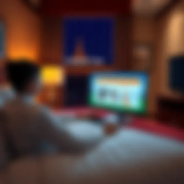 A person at a Comfort Inn hotel room with a computer showing a virtual land purchase, featuring dog-themed avatars on the screen