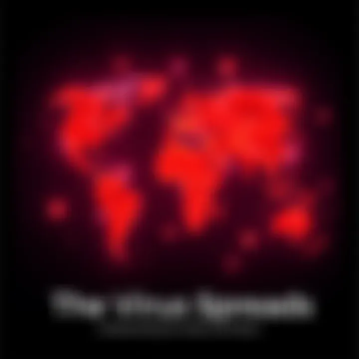 Visual representation of the virus spreading across the globe with highlighted affected regions