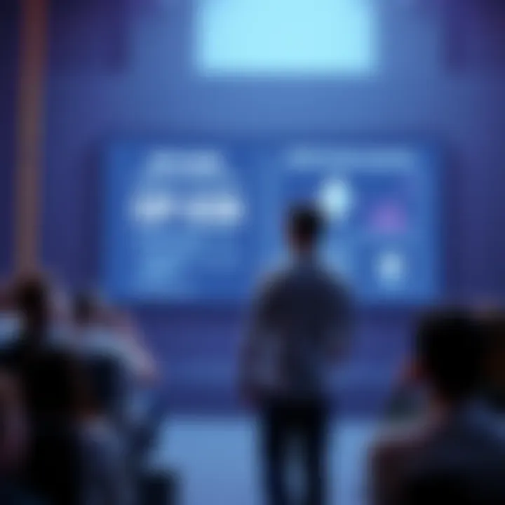 Vitalik Buterin stands in front of a large screen displaying EIP-8288 details, engaging with an audience.