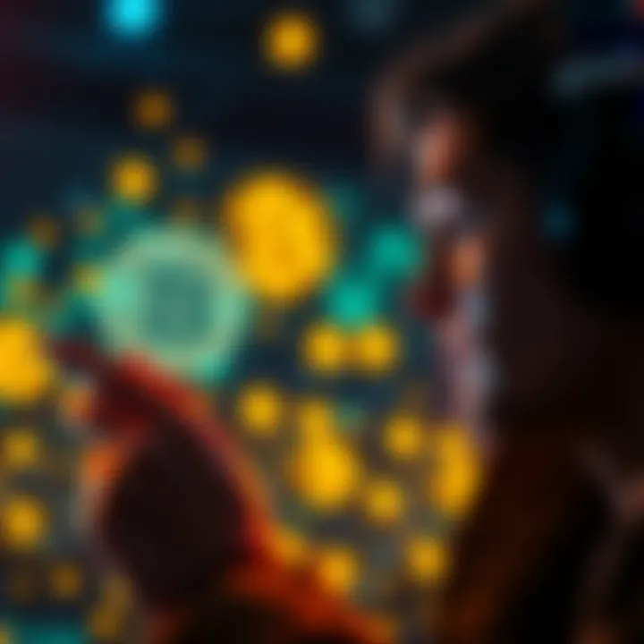 A person using a voice assistant to make a Bitcoin transaction on a smart device, with digital currency symbols in the background.