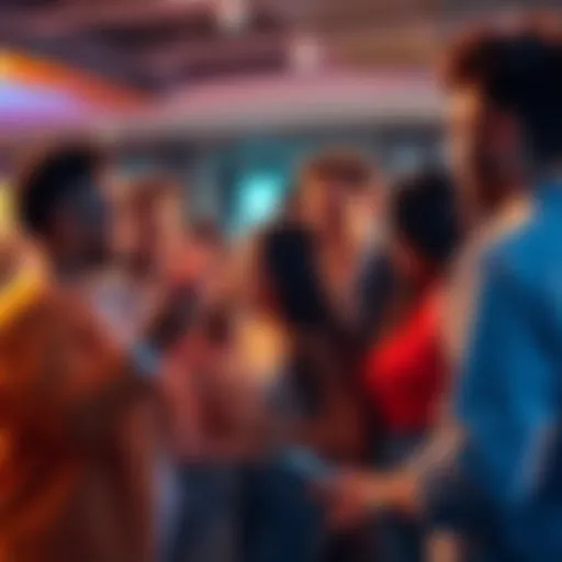 A diverse group of people chatting and connecting on the Vooz platform using location and gender filters, with text and video options available.