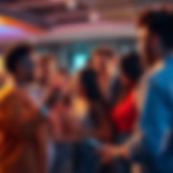 A diverse group of people chatting and connecting on the Vooz platform using location and gender filters, with text and video options available.