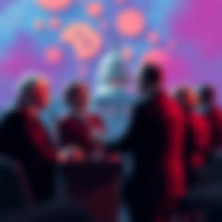 Vote on CLARITY Act A group of lawmakers discussing the upcoming vote on the CLARITY Act, with cryptocurrency symbols in the background, representing the industry's challenges.