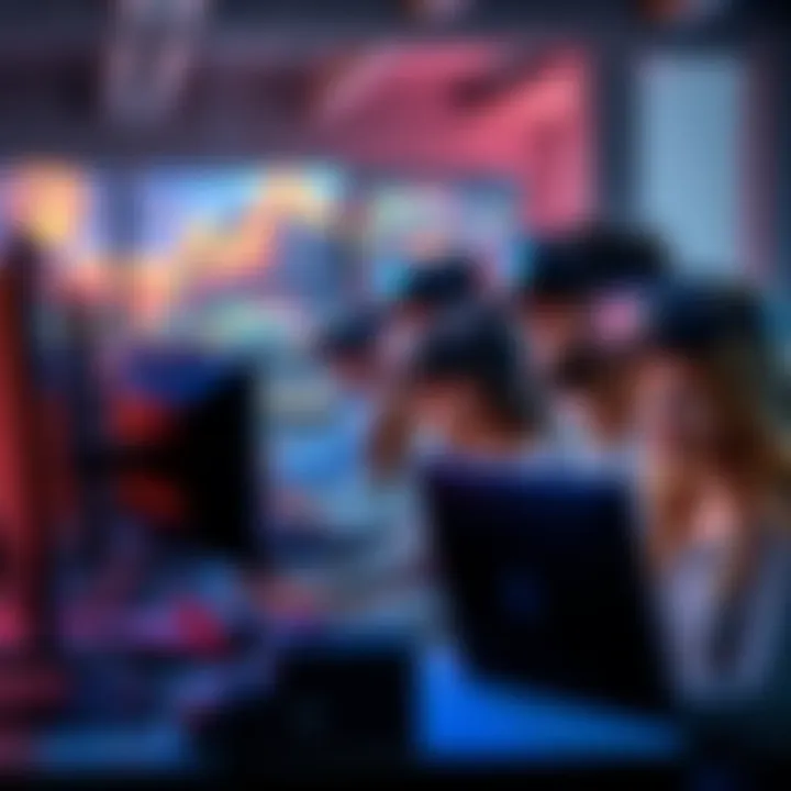 A group of diverse people working on VR game design together, using computers and VR headsets