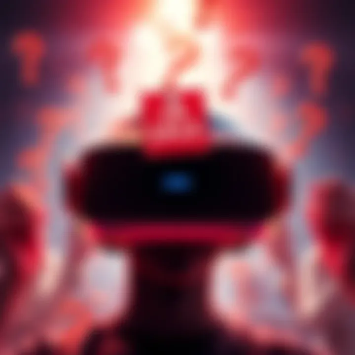 Graphic showing a virtual reality headset with a sale tag, indicating a potential VR sale this month, surrounded by question marks as people express doubts.